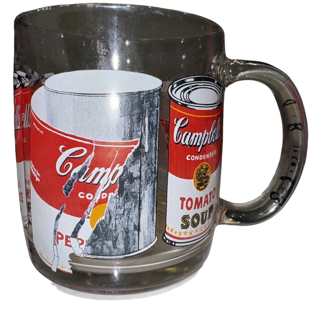 Vintage Luminarc Andy‎ Warhol Campbell's Soup Can LARGE Glass Handled Mug Cup